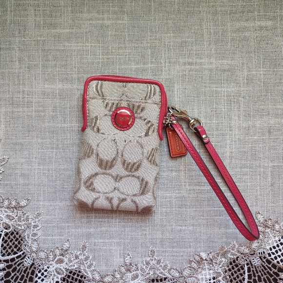 Coach Signature Small Canvas Beige/Pink Top Zip Wristlet - Picture 1 of 10